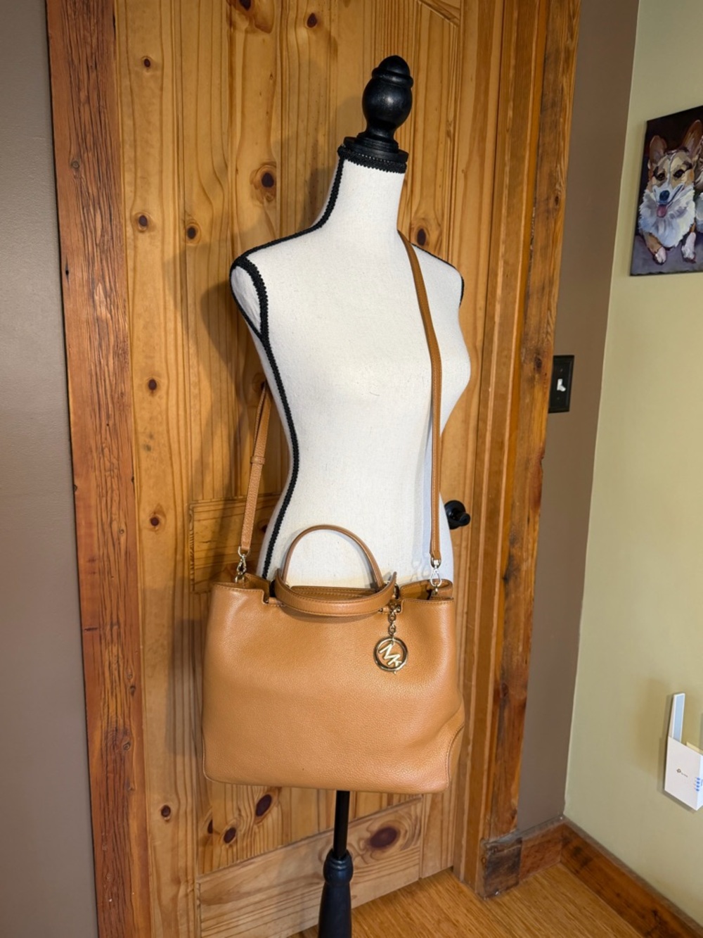 Michael Kors Annabelle Leather Satchel Handbag with Logo Charm - Camel